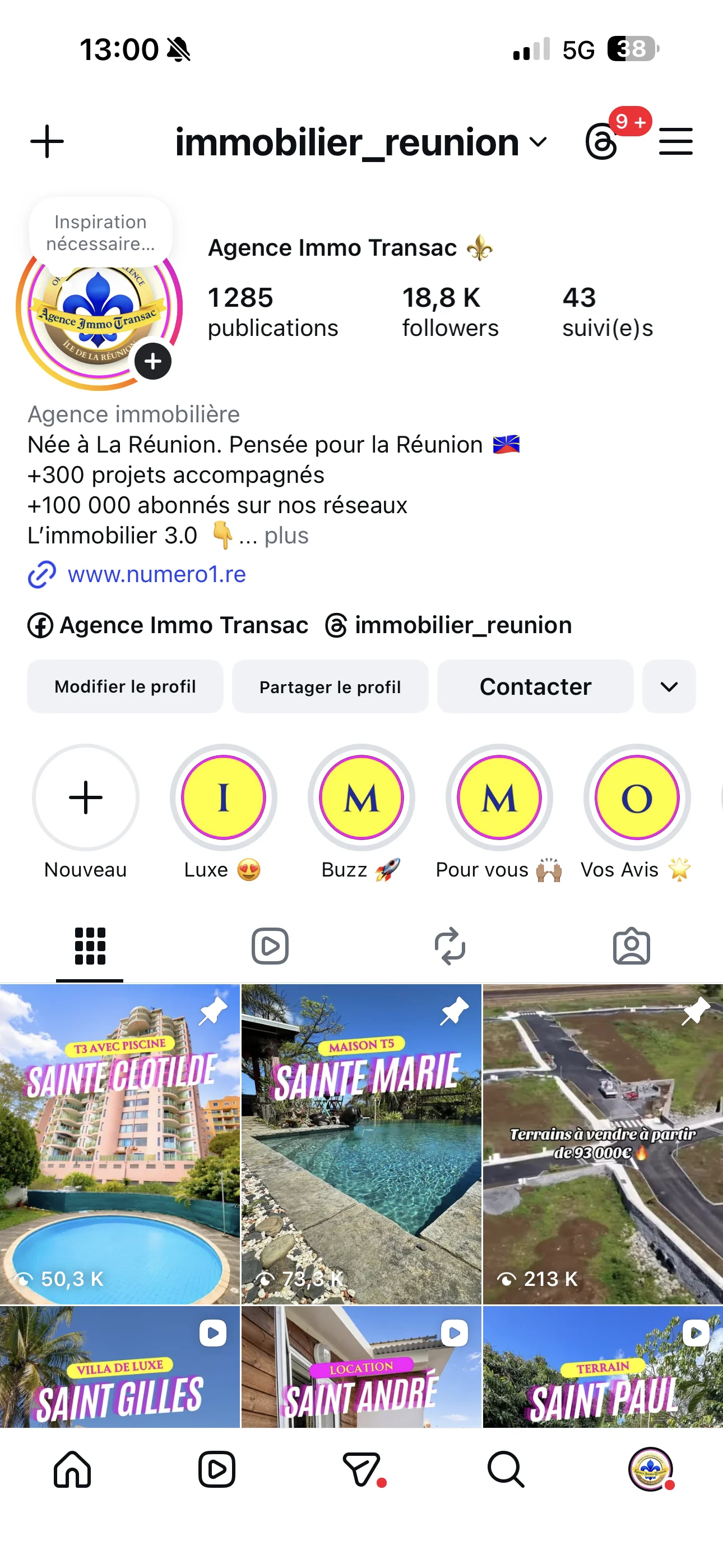 Preuve Instagram : 18 800 abonnés - Agence Immo Transac Réunion - Capture d'écran avril 2026